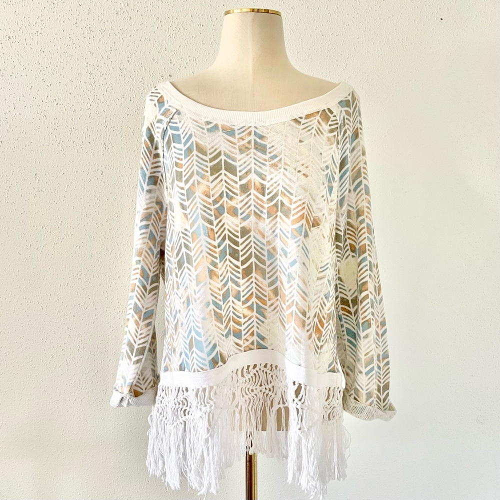 FREE PEOPLE Women's Small Multi- Patterned Crochet Fringe Detail Boxy Sweatshirt